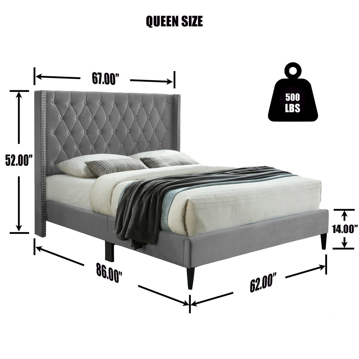 Amelia Velvet Tufted Queen Platform Bed in Gray