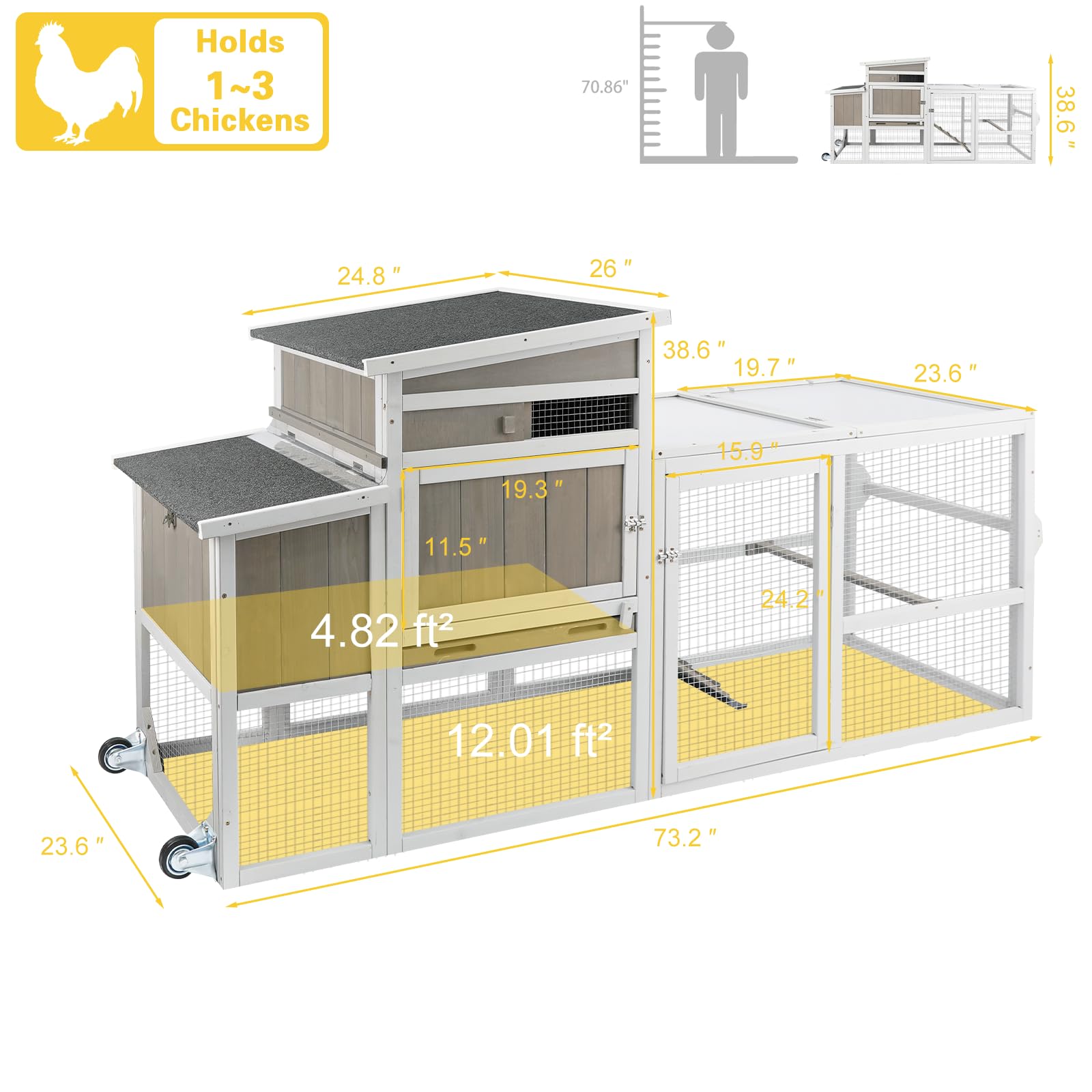 Gowoodhut Chicken Coop Mobile Wooden Hen House with Nesting Box,75" L Outdoor Chicken House with Wheels and Removable Tray,Fir Wood Chicken Tractor with 4 Ventilation Door and Ramp,Grey