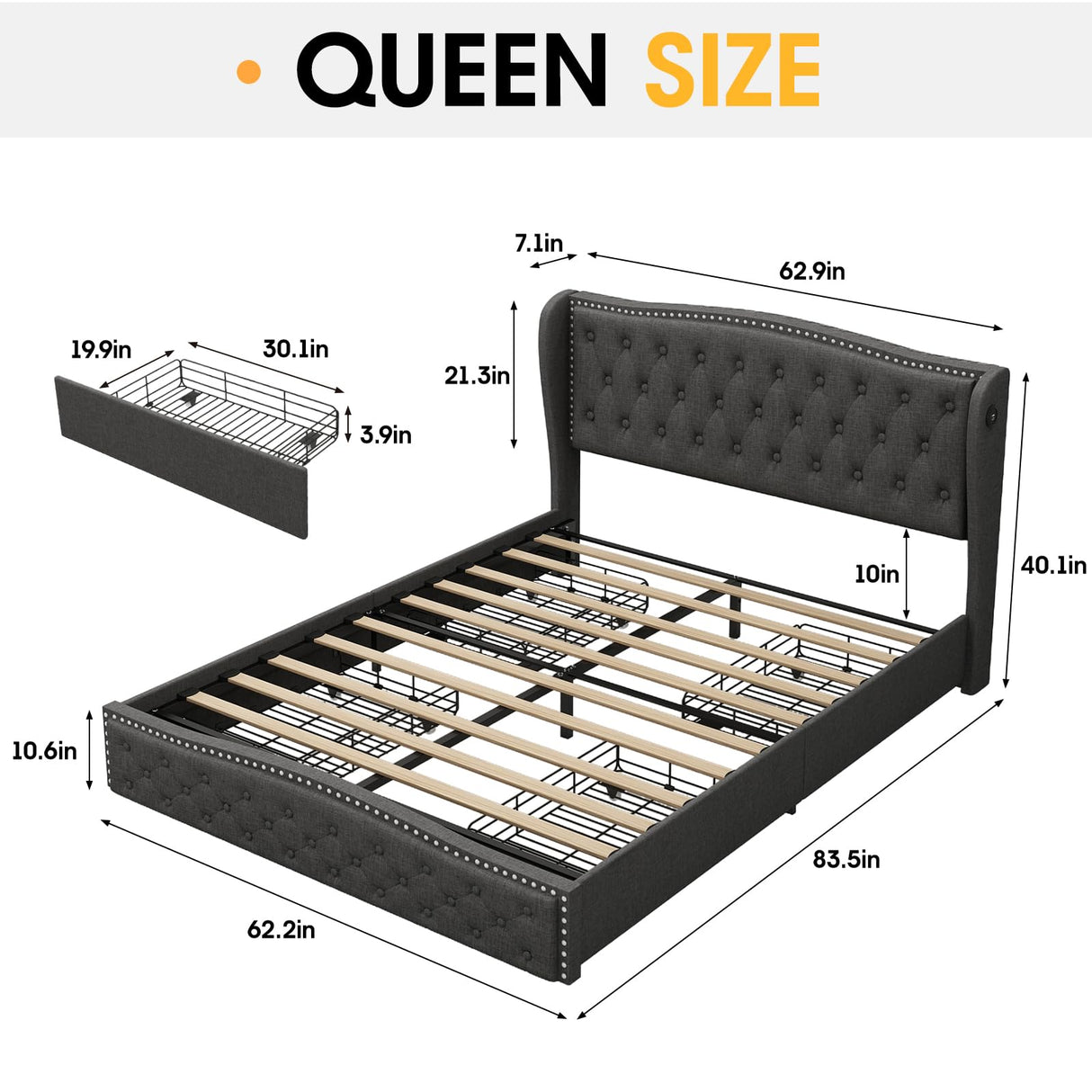 Queen Size Platform Bed Frame with 4 Storage Drawers and Headboard, Upholstered Bed