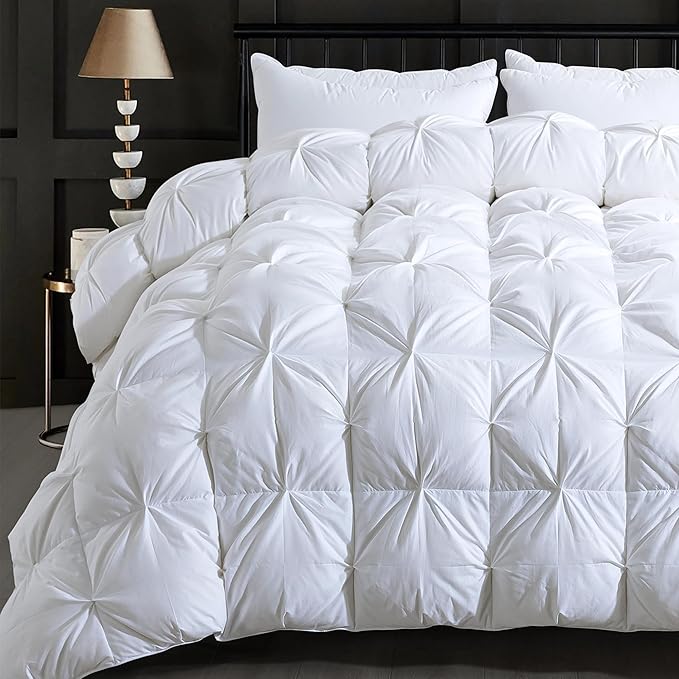 QUEEN® Feather Comforter King Size Duvet Insert, Luxury Fluffy White Pinch Pleat Design - All Season Hotel Collection Cotton Bed Comforter with 8 Tabs, King 106x90 Inches