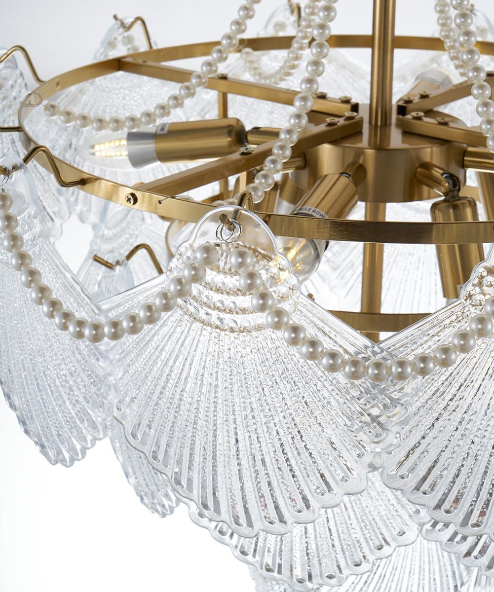 Gold Multi-Tier Crystal Chandelier, Shell Cloud Glass Metal Pendant Chandeliers