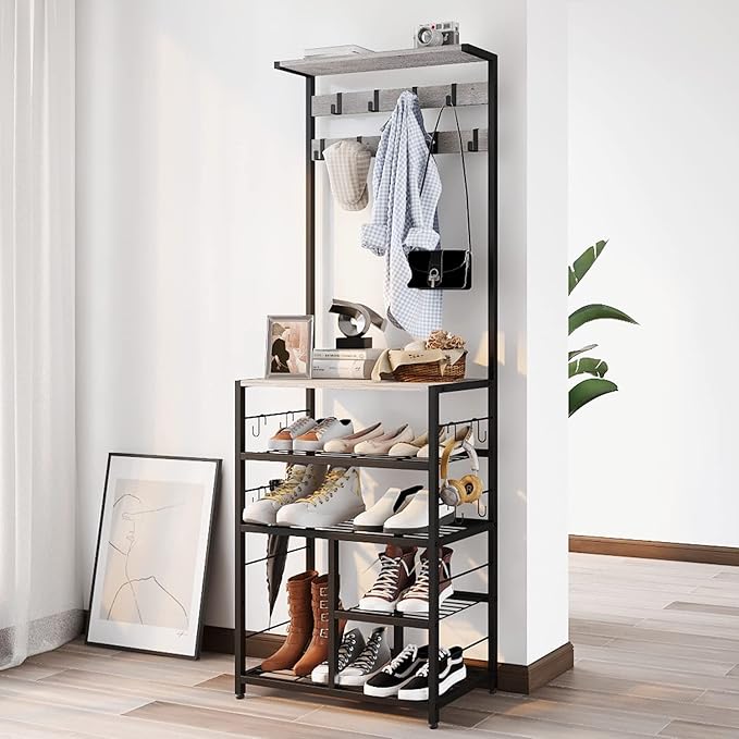 Modern White Large 5-Tier Hall Tree Entryway Wooden Shoes Rack Shelf Coat Rack