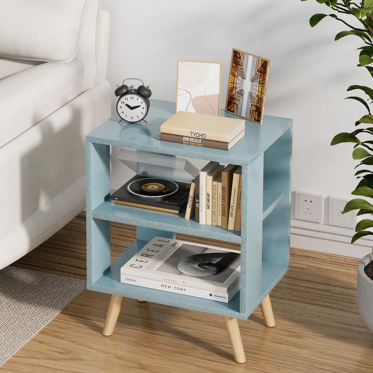 Stand, Blue Kids Nightstand, Modern End Table with Open Storage, 2-Tier Nursery Bedside