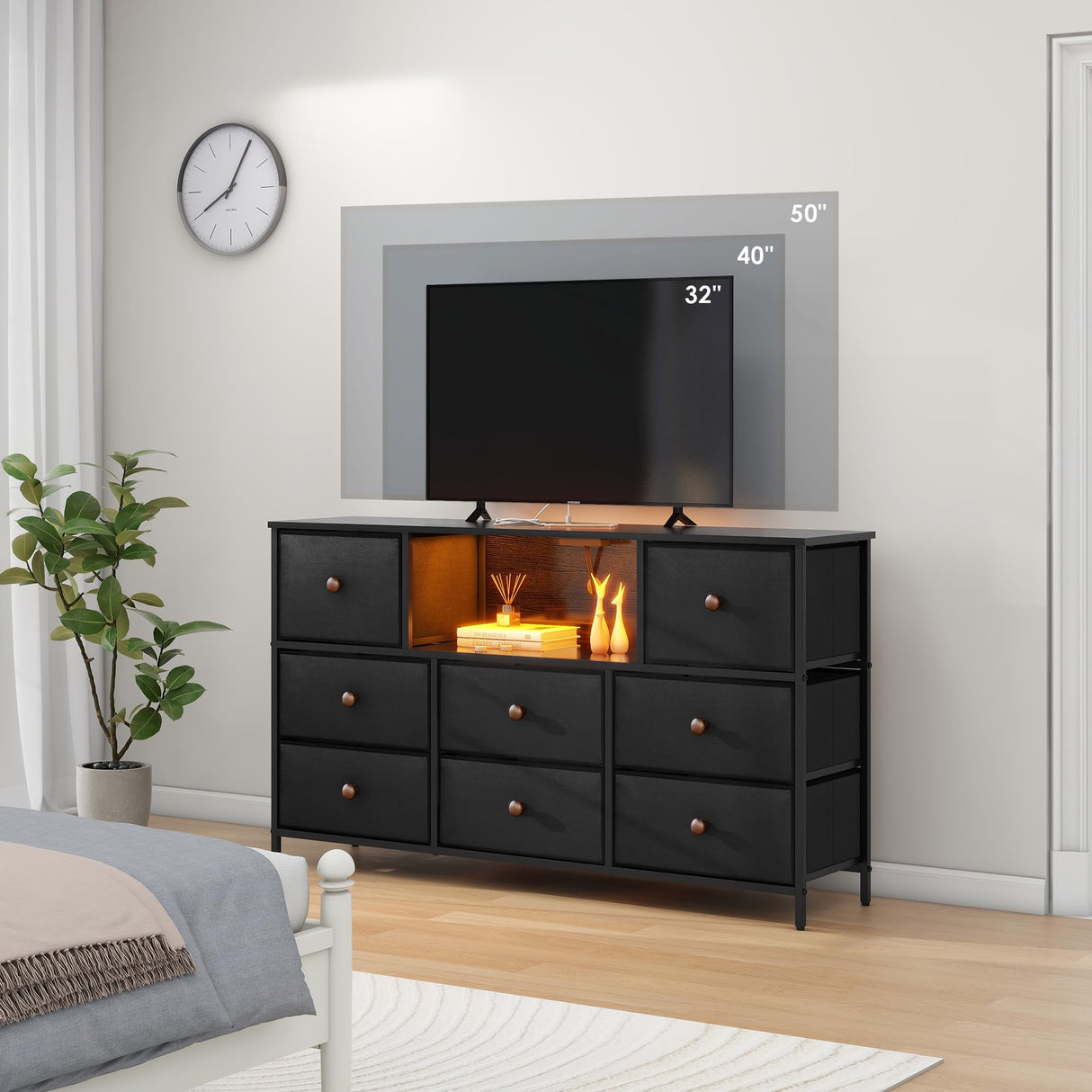 Black Dresser with Power Outlets and LED Lights, Dresser TV Stand