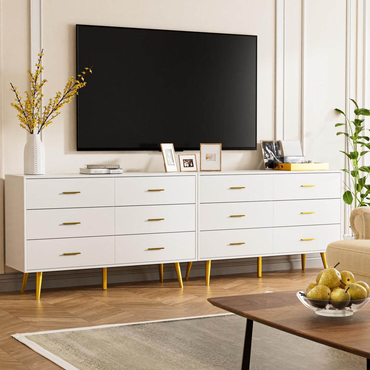 White Dresser for Bedroom, 6 Drawer Dresser with Wide Drawers and Gold Metal Handles