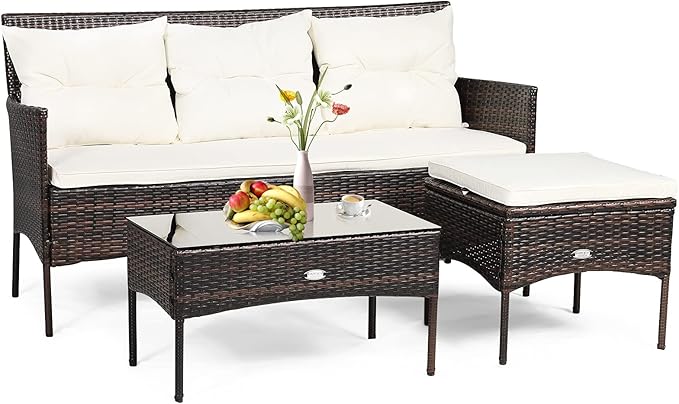 3 Pieces Patio Furniture Sectional Set, Rattan Wicker Conversation Set