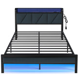 Queen Size Upholstered Bed Frame with LED Lights and Charging Station