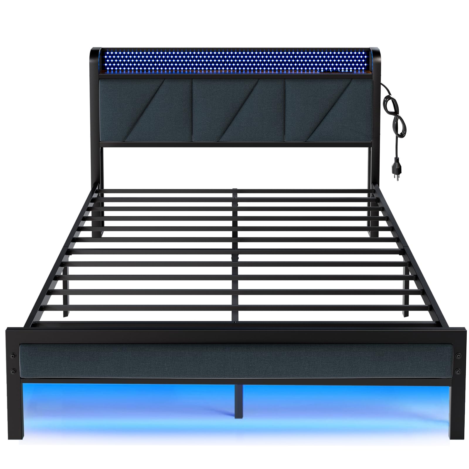 Queen Size Upholstered Bed Frame with LED Lights and Charging Station