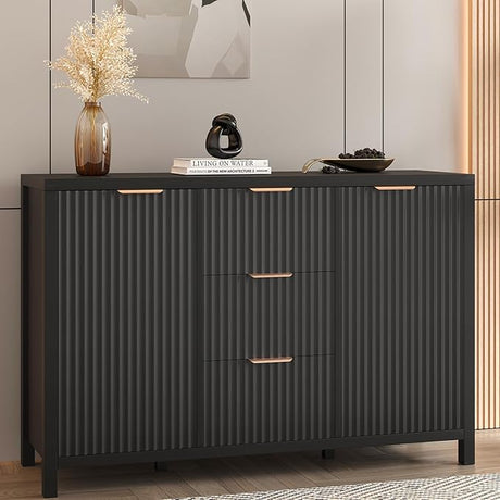 Fluted Door Storage Cabinet, 2 Door 1 Drawer Accent Cabinet, Durable Sideboard Buffet