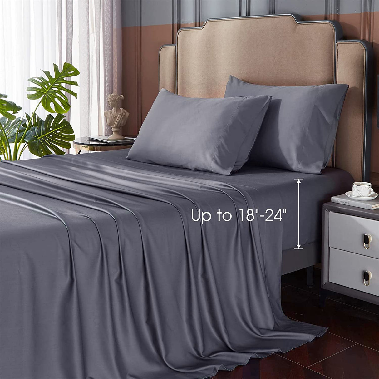 Grey Sheets Queen- Rayon Derived from Bamboo, Silk Soft Breathable No Sweat Cooling Sheets for Hot Sleepers,