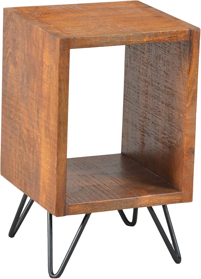 22 Inch Textured Cube Shape Wooden Nightstand with Angular Legs, Brown and Black