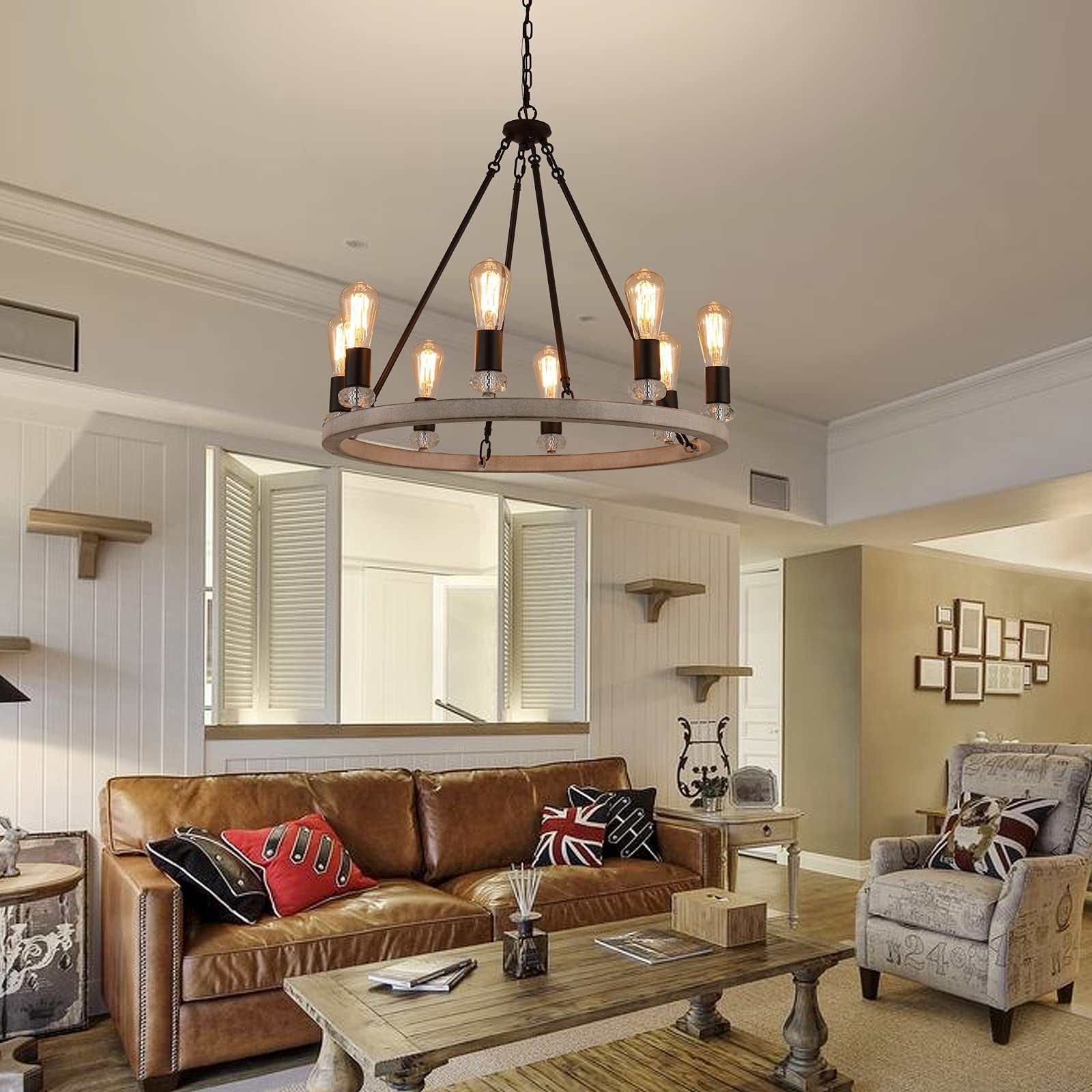 Farmhouse Wagon Wheel Chandelier 8 Light Oak White and ORB Rustic Industrial Metal