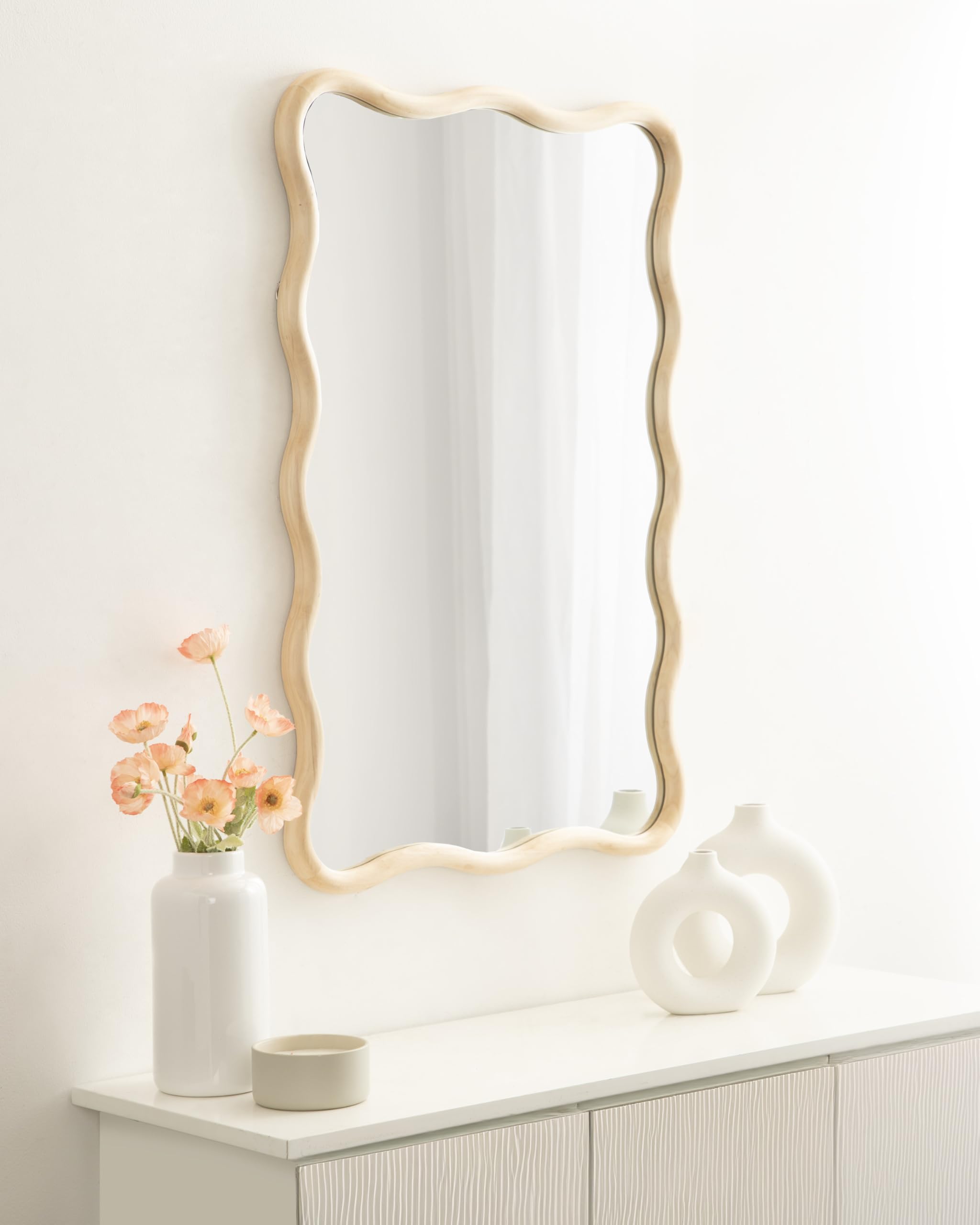 Talma Modern Scalloped Rectangle Wall Mirror, 24 x 36, Natural Wood