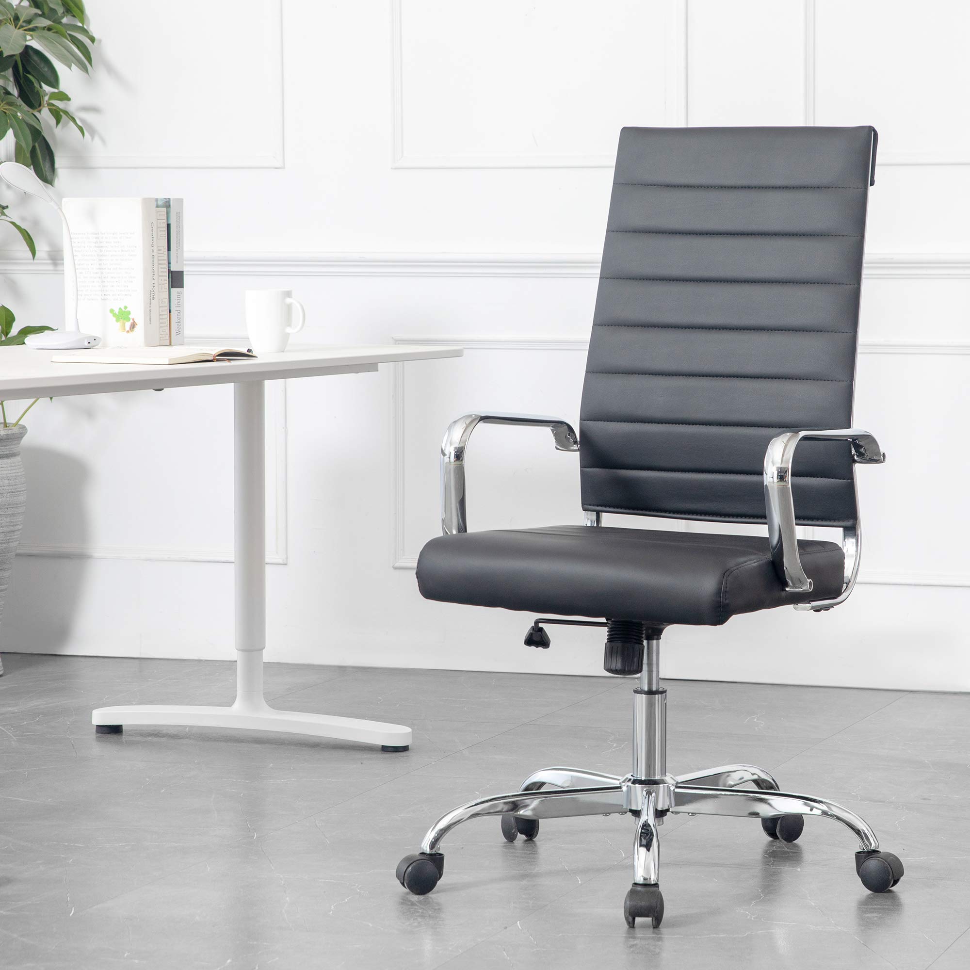Home Office Chair Ribbed Leather High Back Executive Swivel Computer Desk Chairs with Wheels and Armrests Soft Padded Adjustable Height Modern Conference Task Black