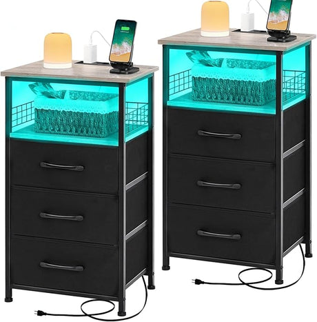 Night Stand Set 2 with Charging Station, Nightstands Set of 2 with 20 Colors LED Light Strip 3 Drawers,