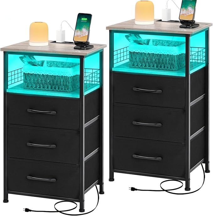 Night Stand Set 2 with Charging Station, Nightstands Set of 2 with 20 Colors LED Light Strip 3 Drawers,