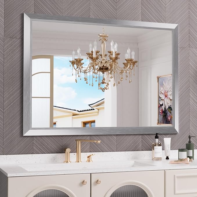 Bathroom Mirror,  Wall Mirror, Oak Wood Grain Metal Framed