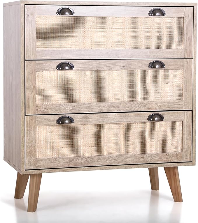 Rattan Cabinet Boho Dresser 3-Drawer Chest of Drawers/Accent Storage Cabinet/Nightstand