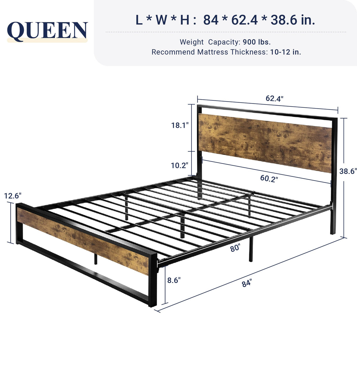 Queen Metal Bed Frame with Rustic Headboard & Footboard, Sturdy Frame Construction,