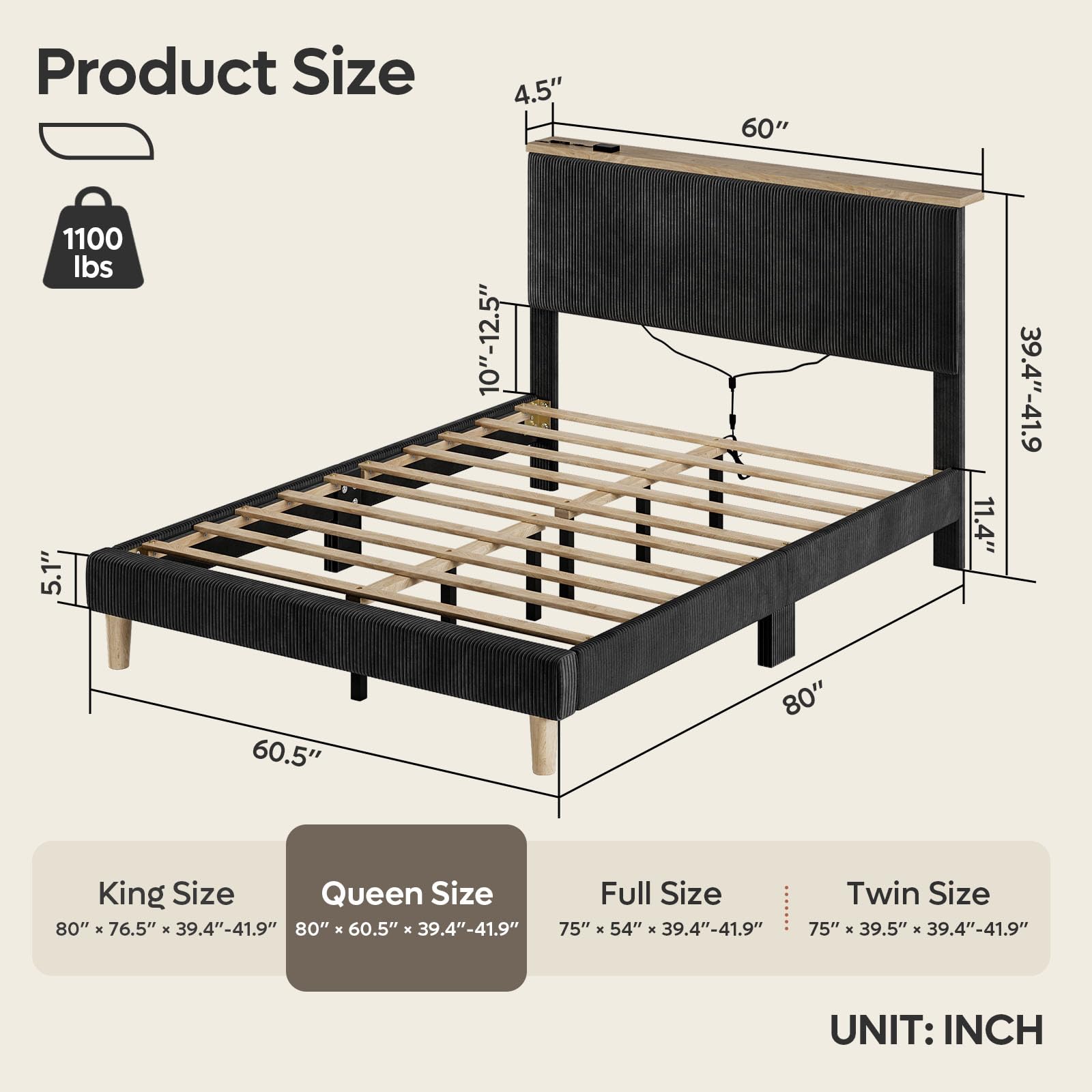 Bestier Queen Size Bed Frame with Headboard, Corduroy Upholstered Adjustable Platform Bed with Storage Shelf, Bedside LED Bed Frame, Solid Wood Slats Support, No Box Spring, No Squeaks(Black)