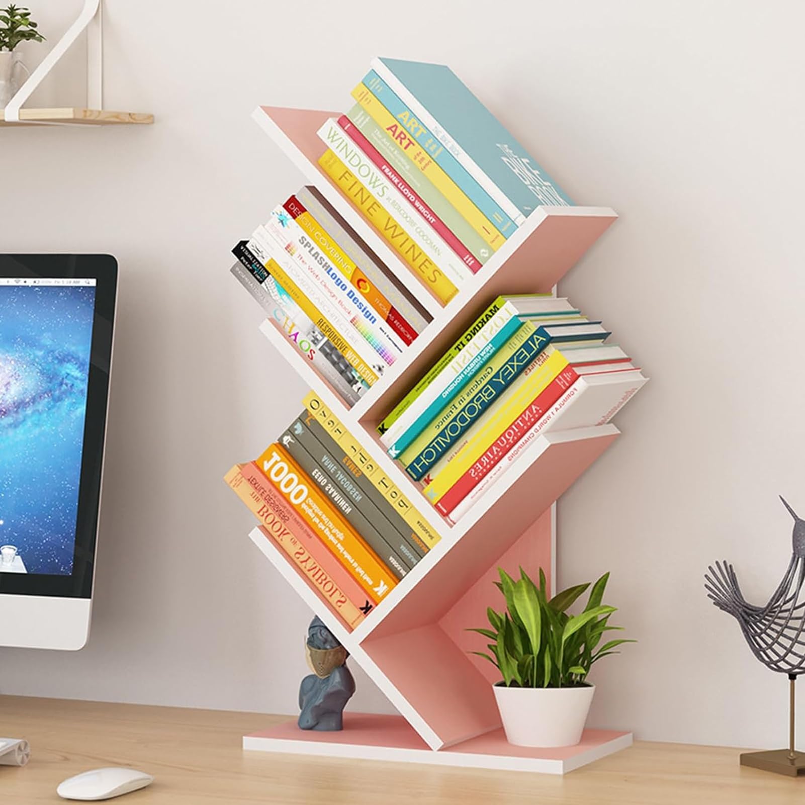Tree Bookshelf - Multipurpose Countertop Hutch Bookshelf, Floor Standing Bookcase 4 Tier Storage Rack, Freestanding Floor Free Desktop Bookshelf, Display Book Magazine CDs Rack, Bearing 8Kg (Color :
