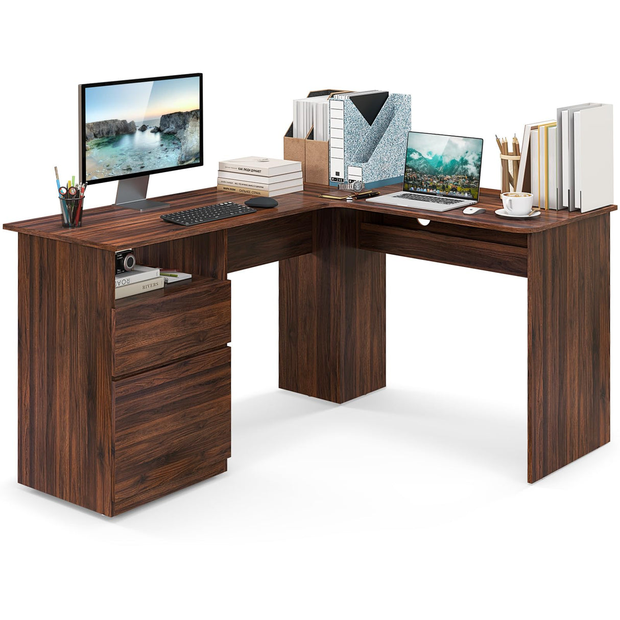 L-Shaped Desk with 2 Storage Drawers, 59” Corner Computer Desk