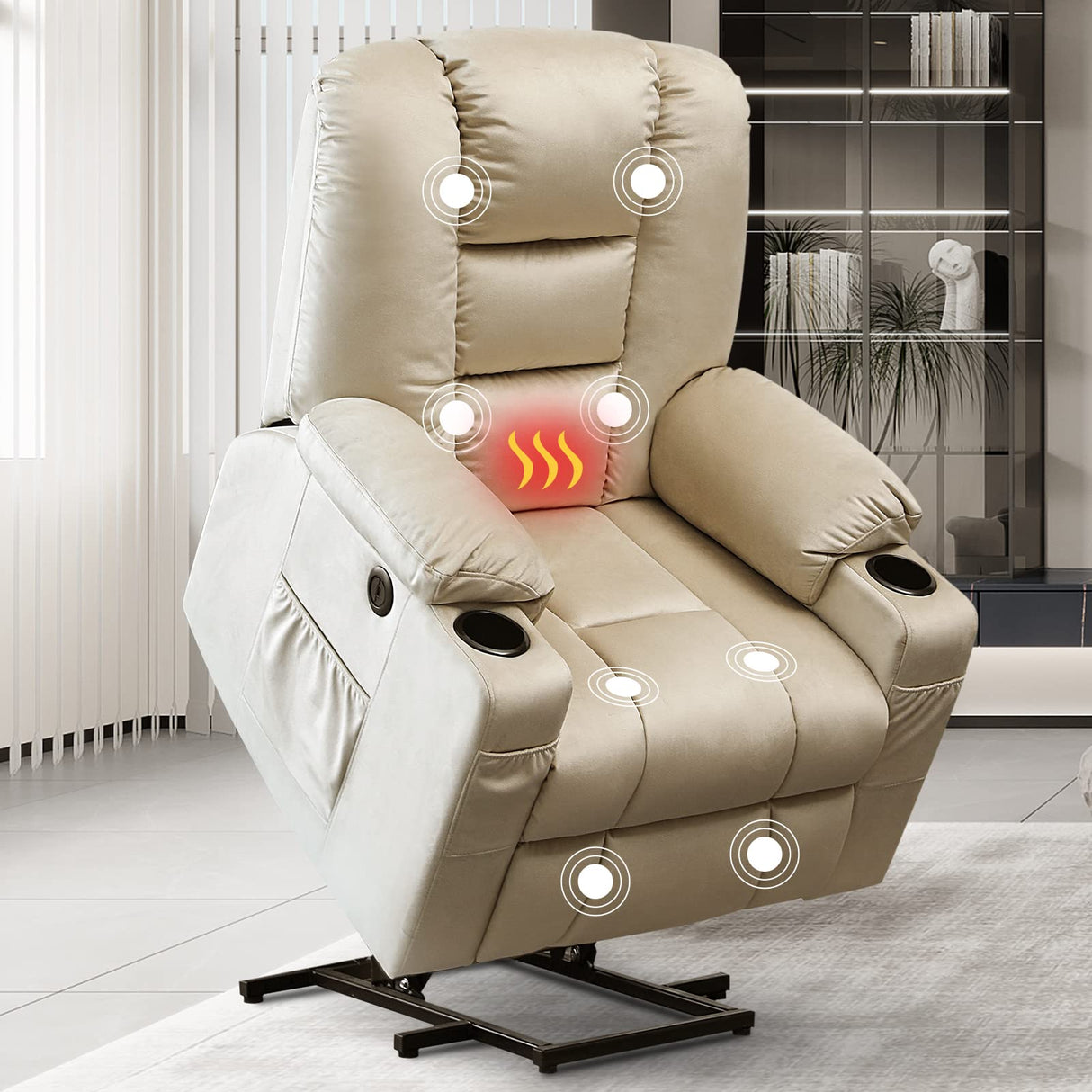 Lift Recliner Chair with Massage and Heat for Elderly, Remote Control,Plush Fabric Reclining Chairs for Seniors w/Cup Holder Side Pockets for Living Room (Beige)