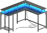 Desk L Shaped Gaming Desk with LED Lights & Power Outlets, Computer Desk with Monitor Stand