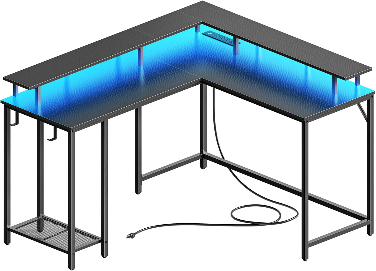 Desk L Shaped Gaming Desk with LED Lights & Power Outlets, Computer Desk with Monitor Stand