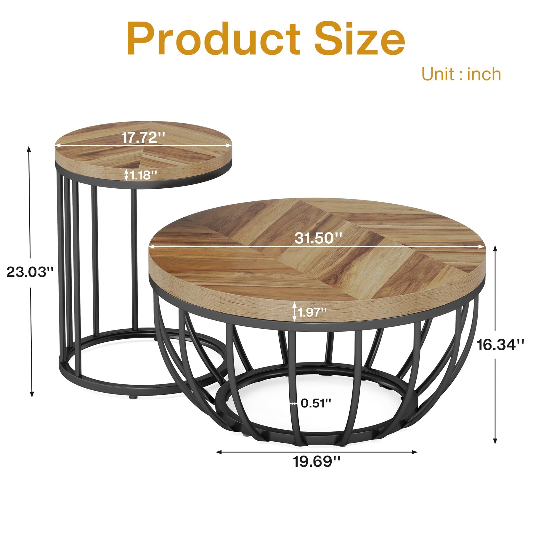 Round Coffee Table, 2 Pieces Nesting Tables with Metal Frame & Wooden Desktop