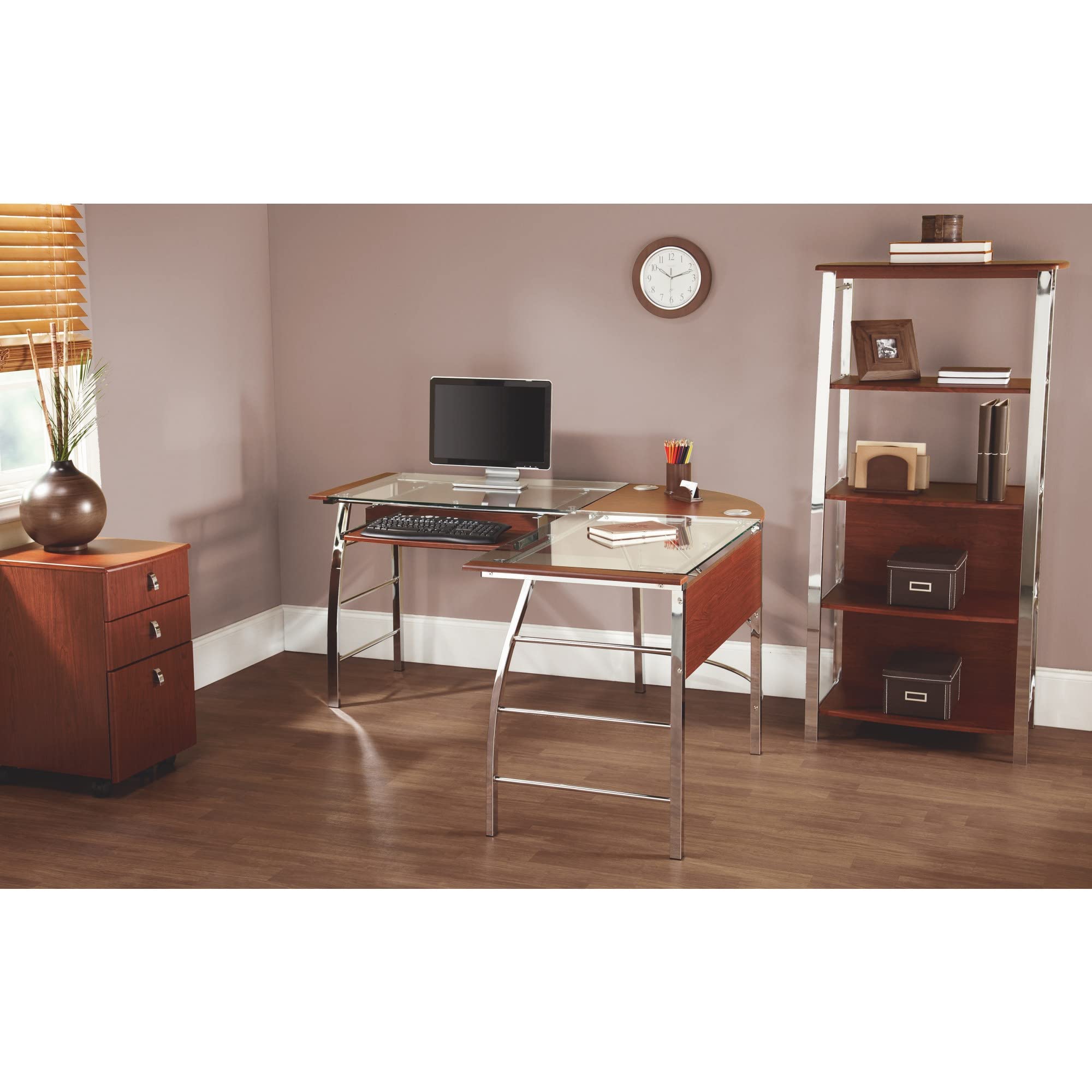 Mezza 62"W L-Shaped Corner Desk, Cherry/Chrome