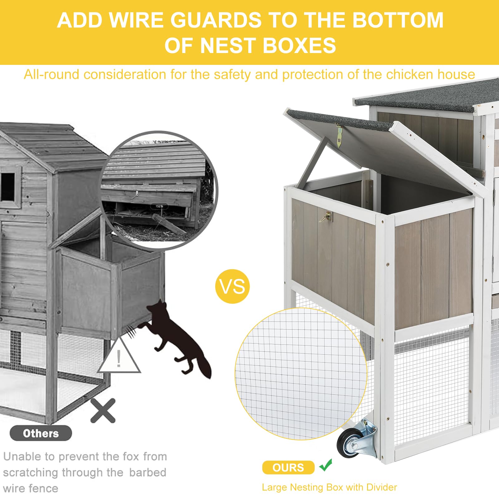 Gowoodhut Chicken Coop Mobile Wooden Hen House with Nesting Box,75" L Outdoor Chicken House with Wheels and Removable Tray,Fir Wood Chicken Tractor with 4 Ventilation Door and Ramp,Grey