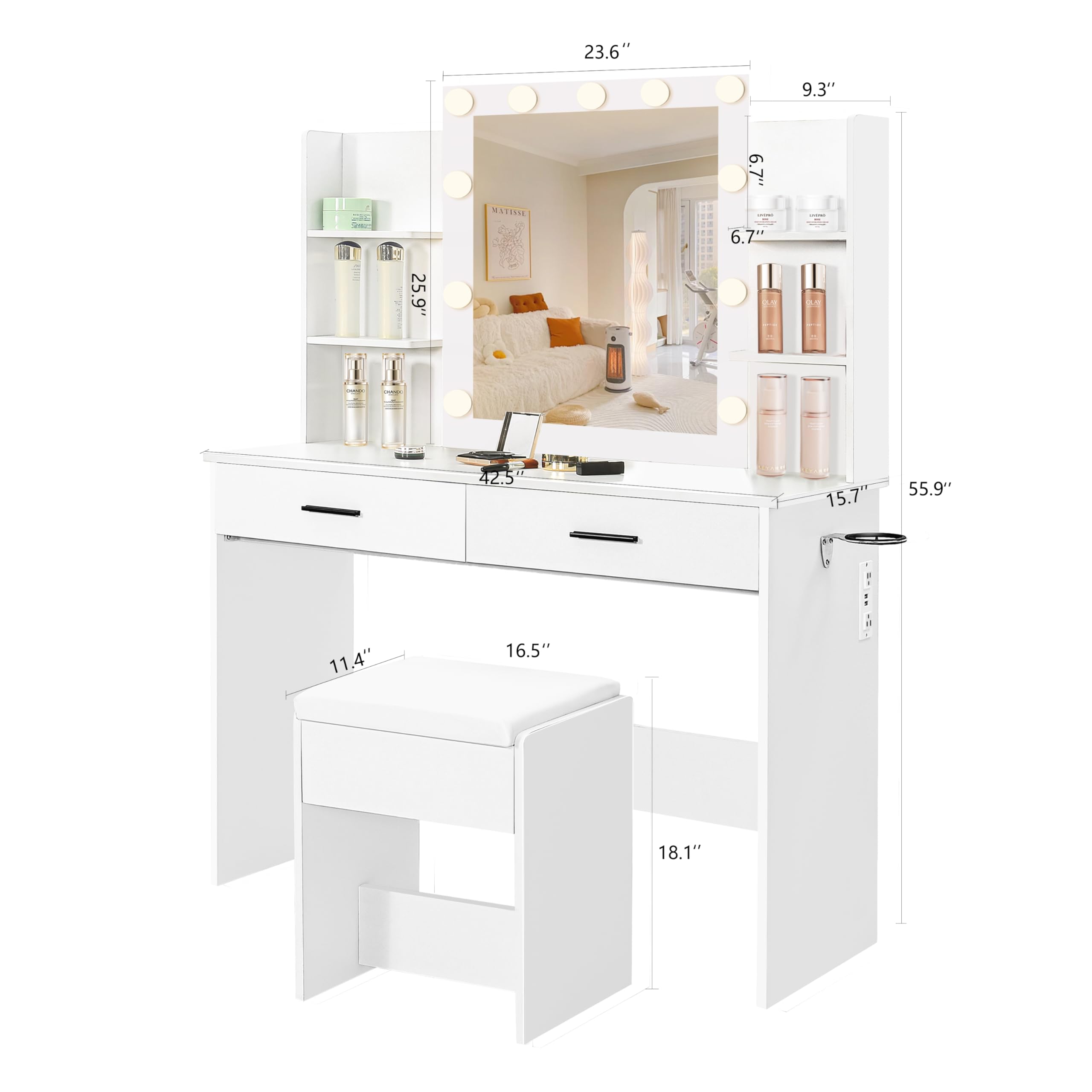 Makeup Vanity Desk with Mirror and Lights, Vanity Table with Large Drawer