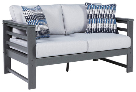 Outdoor Amora HDPE Patio Loveseat with Cushion, Charcoal Gray