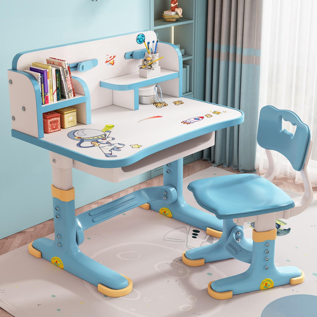 Set,Height-Adjustable Student Study Desk Widened Desktop Multi Separation Cartoon Pattern Desk Chair Set Kids Study Table with Drawer Chair Set Fast Delivery from US Blue