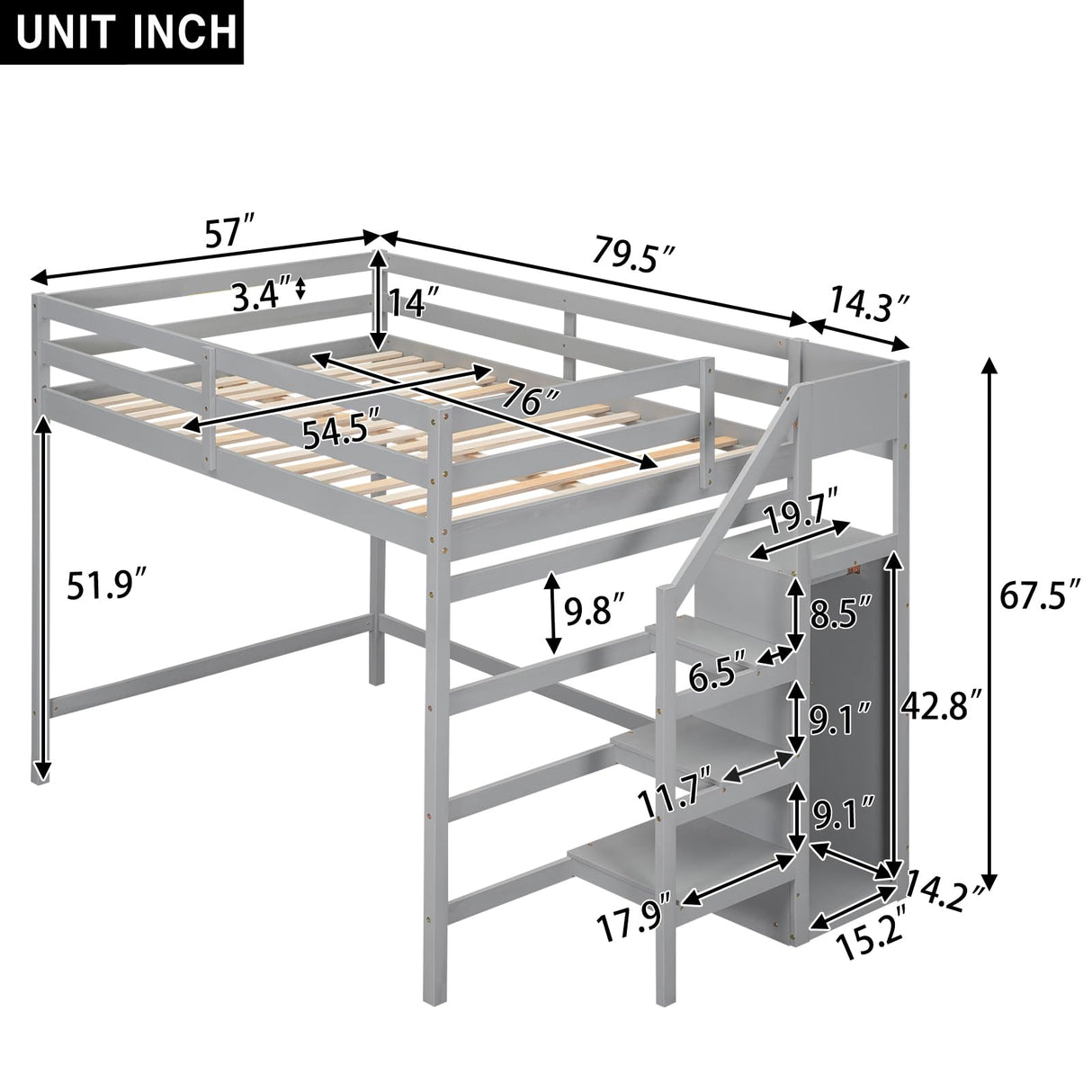 Full Loft Bed, Loft Bed Full Size with Storage Staircase and Wardrobe for Clothes, Wooden High Loft Bed Frame for Kids Girls Boys Bedroom, Grey