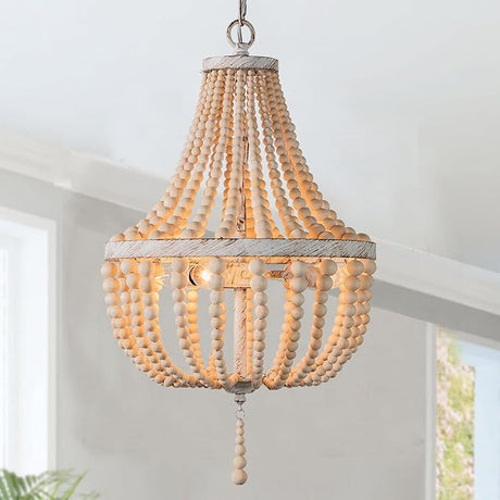 18-inch Boho Wood Beaded Chandelier Modern Farmhouse Ceiling Pendant Hanging