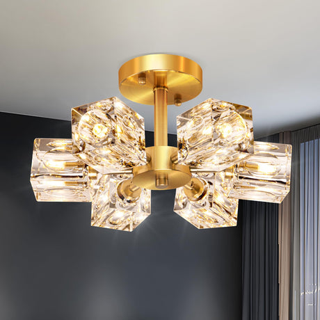 Semi Flush Mount Ceiling Light Fixture Modern 6 Lights Gold Crystal Chandelier,