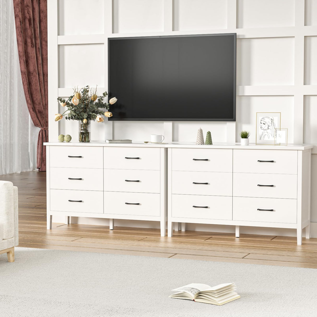 White Dresser for Bedroom, 6 Drawer Dresser Wood with Black Metal Handles