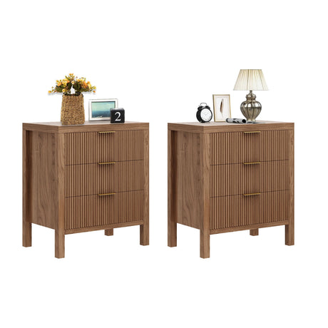 Fluted Nightstands Set of 2, Wooden Farmhouse Night Stands with 6 Drawer Bedside Table