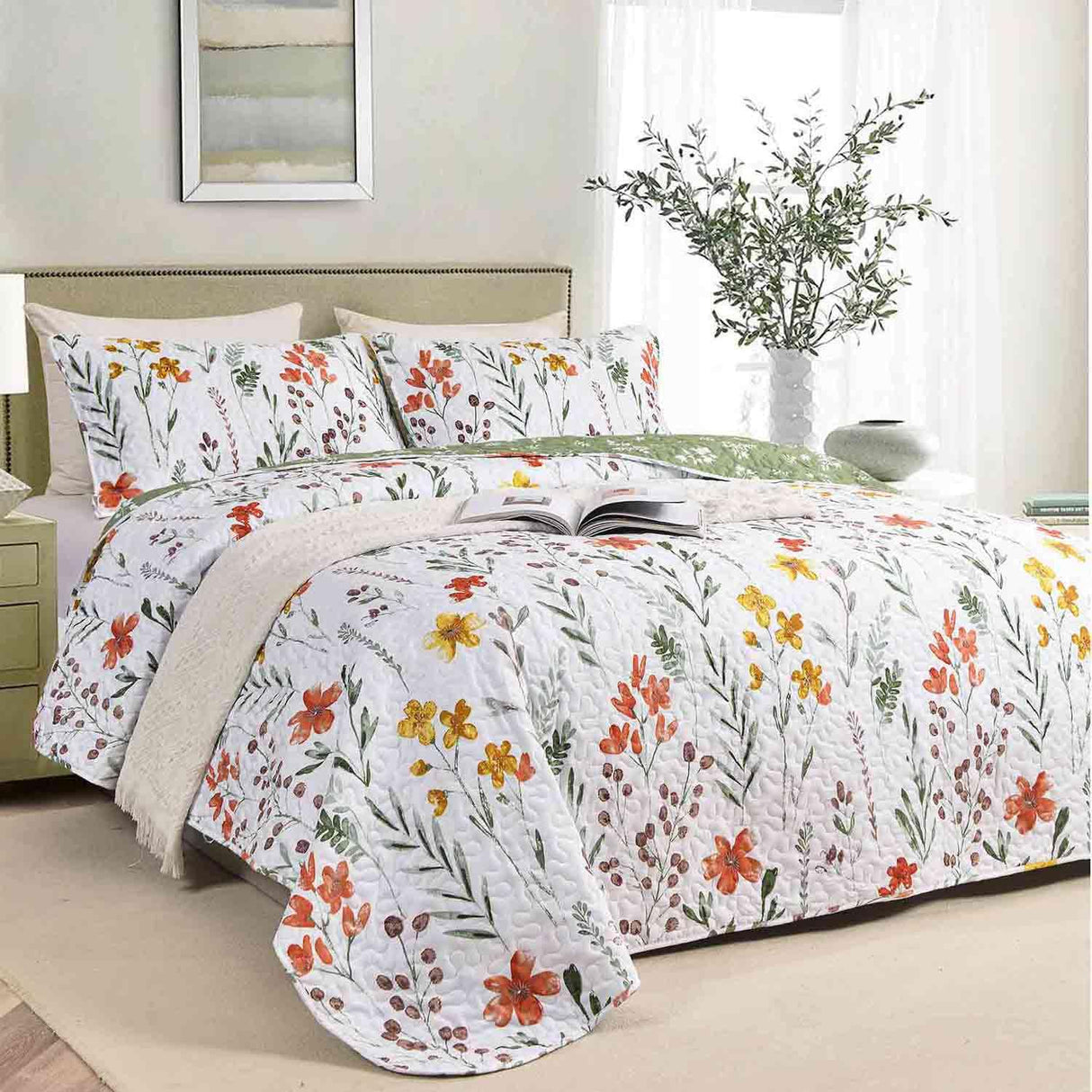 Quilt Set King Size 3 Pcs, White Floral Green Red Yellow Flower Leaf Spring