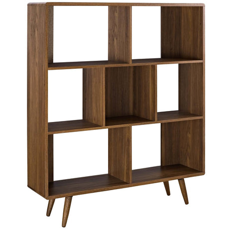 Transmit Mid-Century Offset Cube Wood 7 tier Bookcase in Walnut