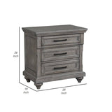 Demi 29 Inch Wood Nighstand with 3 Drawers, Metal Bar Handles, Oak Gray