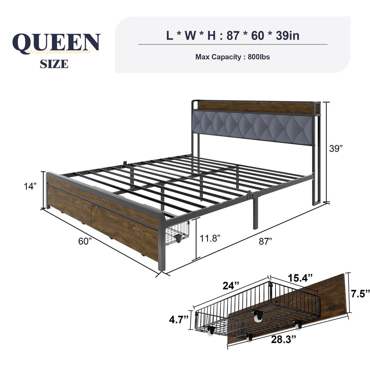 Queen Size Metal Platform Bed Frame with 2 Storage Drawers & LED Light, Velvet Button