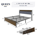 Queen Size Metal Platform Bed Frame with 2 Storage Drawers & LED Light, Velvet Button