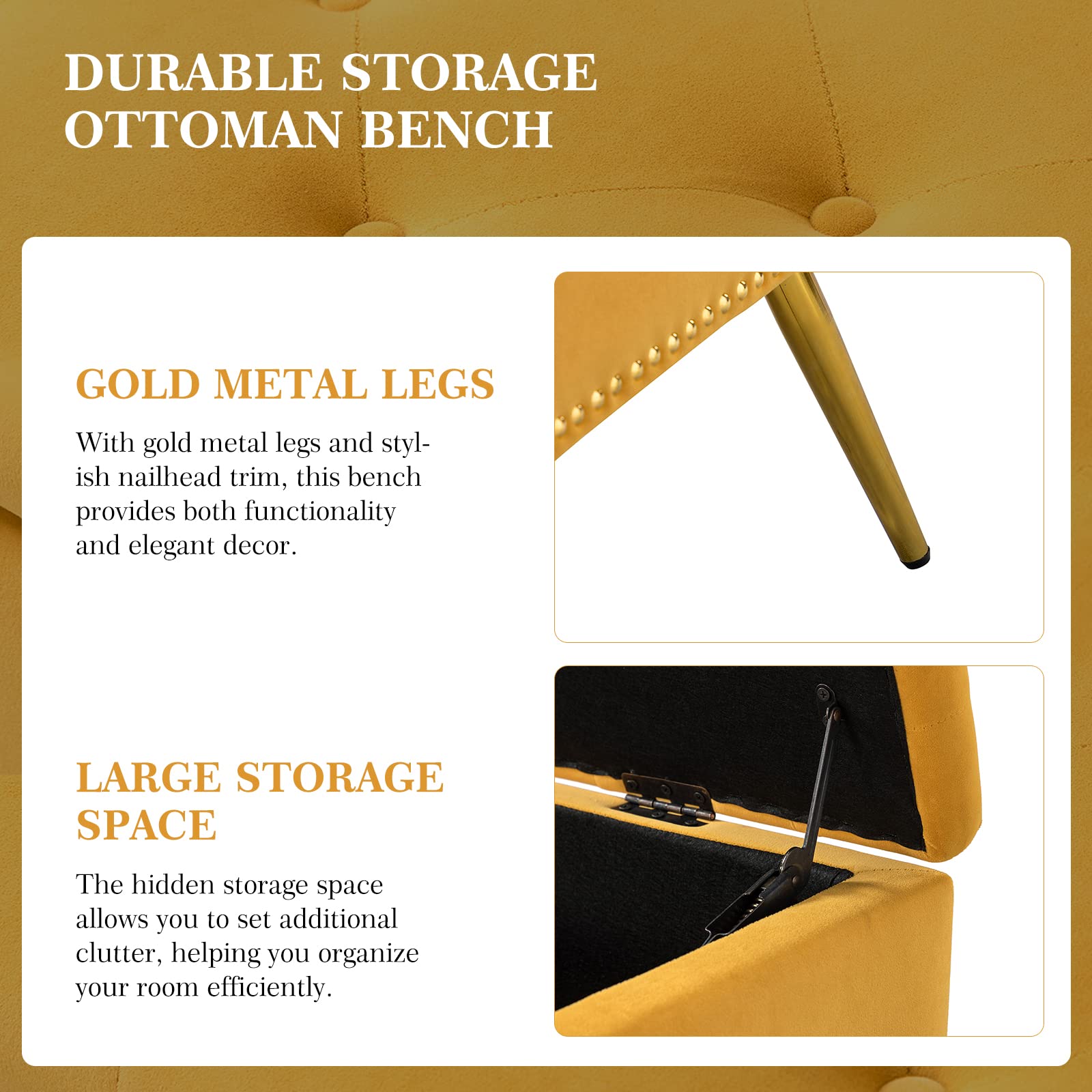 Modern Velvet Storage Ottoman Bench with Gold Base & Nailhead Trim, Upholg Room Dining Room