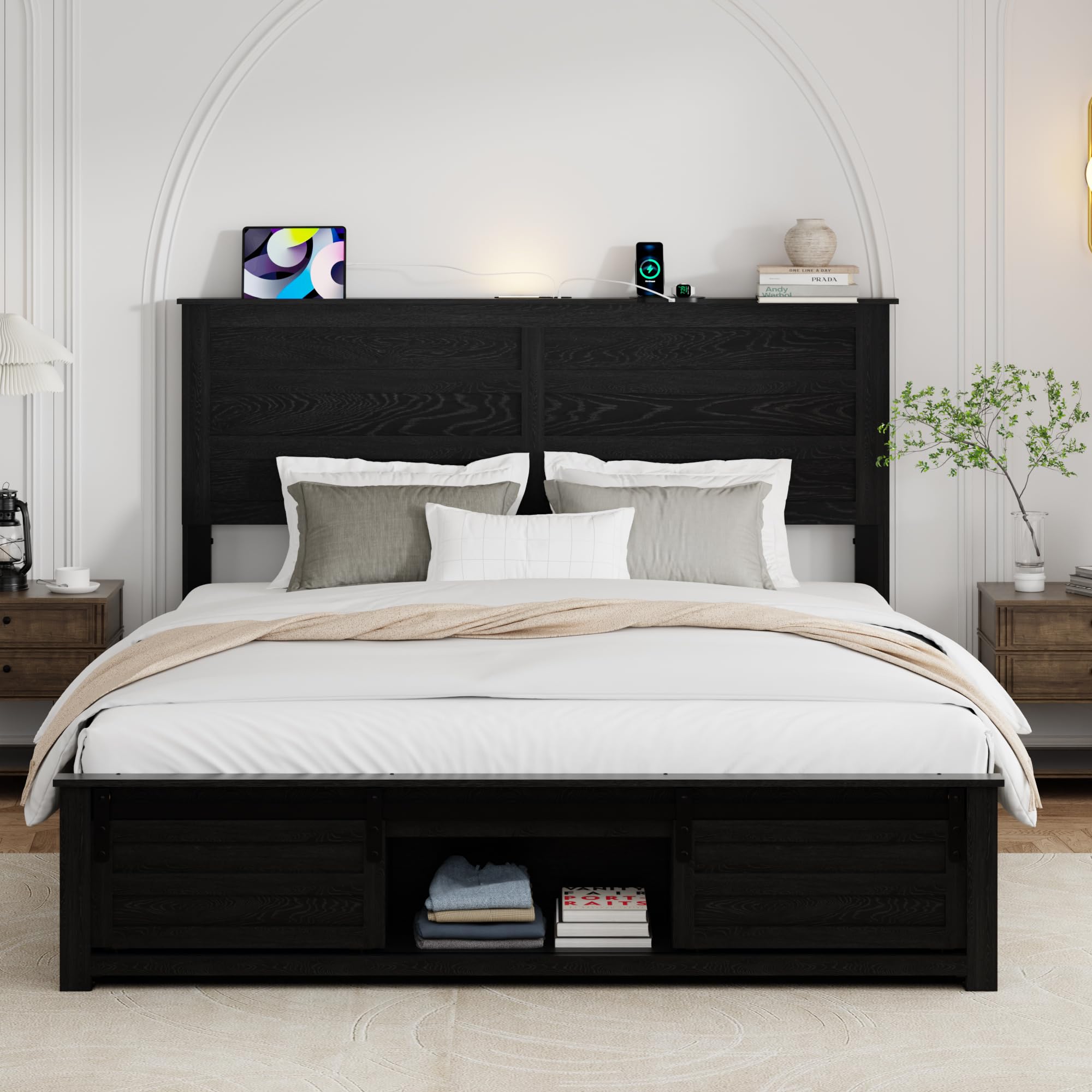 Queen Bed Frame with Wood Headboard & Charging Station