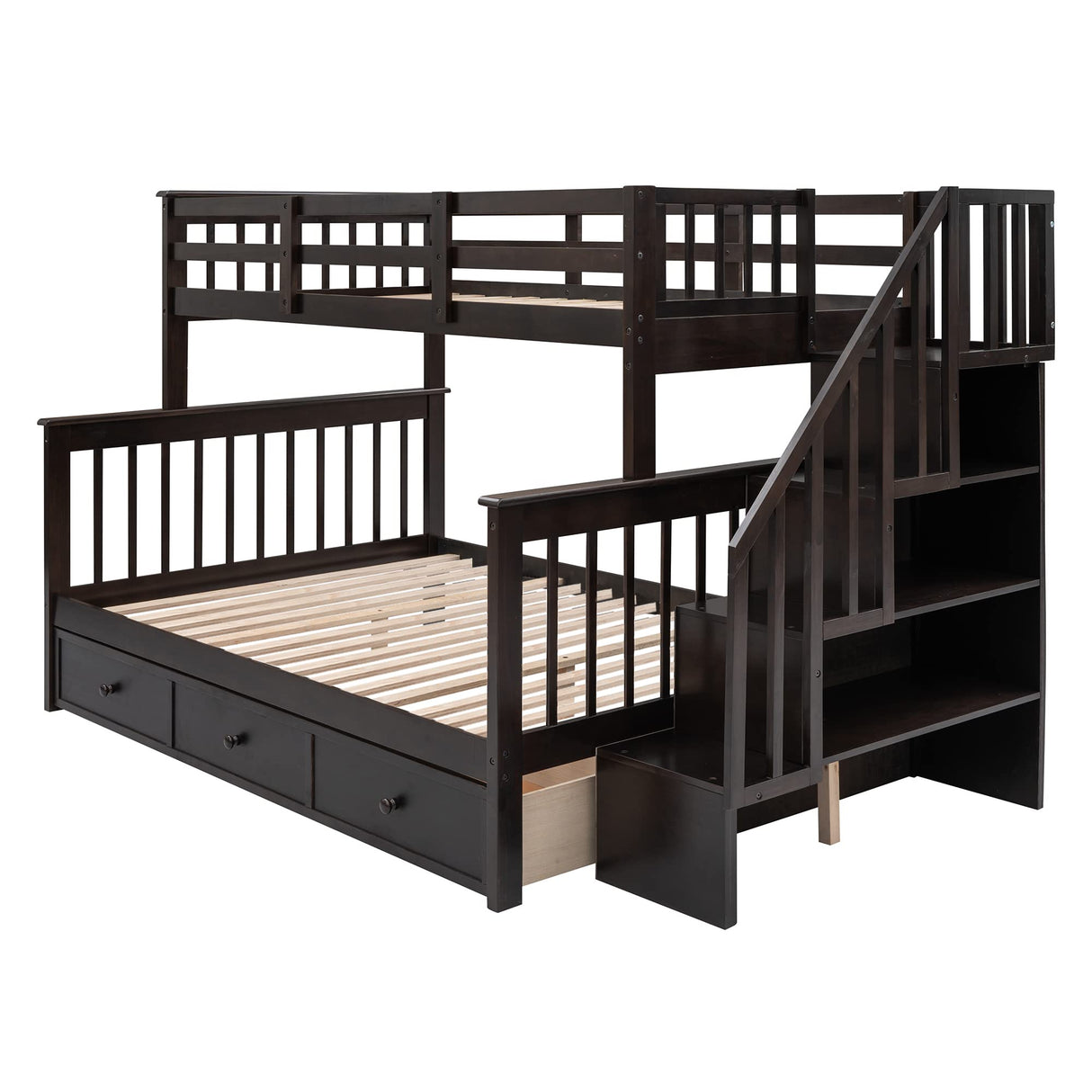 Amey Wood Twin Bunk Bed with Angled Ladder, Guardrail, Slat Kit, Brown