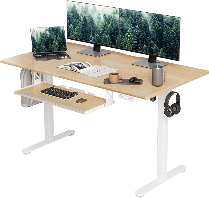 Electric Standing Desk, Solid Wood Adjustable Desk with Keyboard Tray,