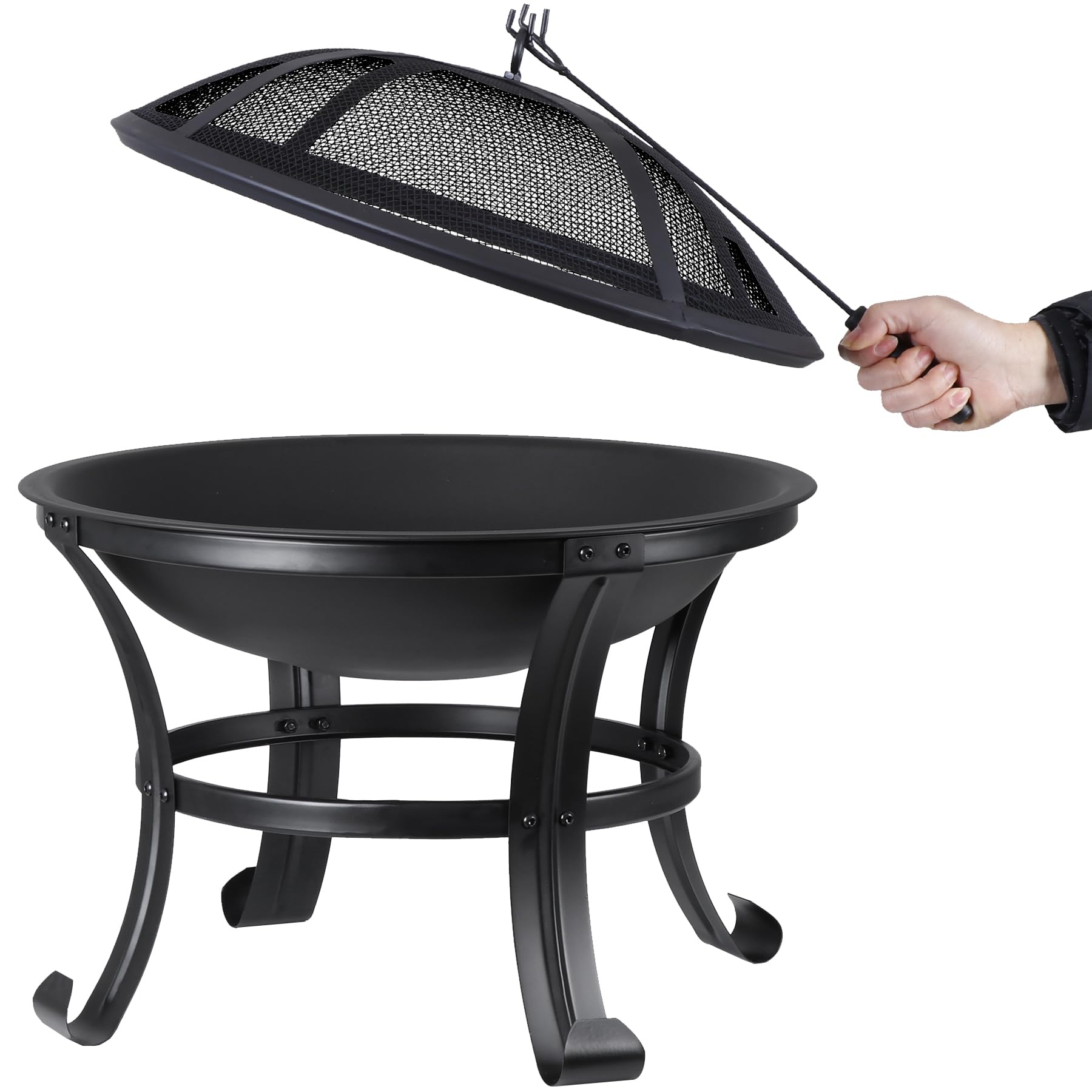 22Inches Fire Pit Outdoor Steel Wood Burning BBQ Grill Firepit Bowl Fireplace with Mesh Screen & Fire Poker, Log Grate - Bircata